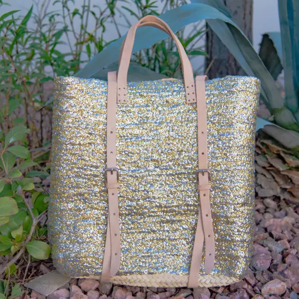 Straw Backpack with Gold and Silver Sequins – Handcrafted Moroccan Backpack with Leather Straps