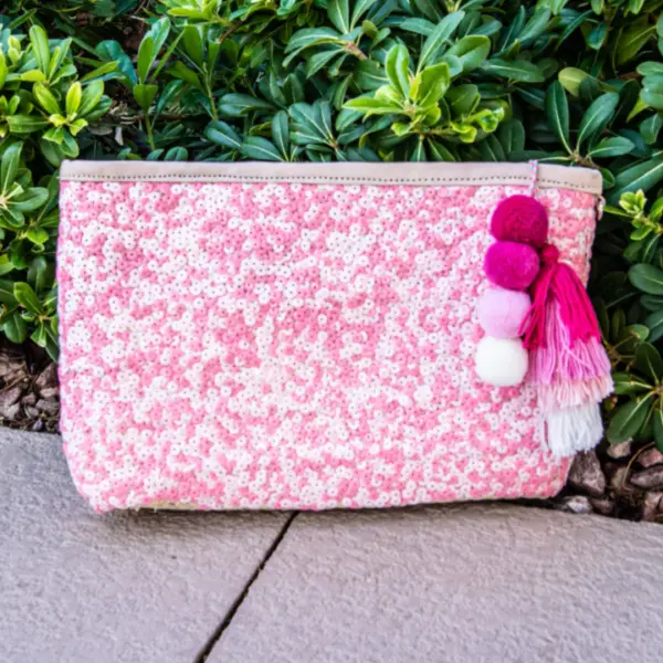 Straw Clutch with Pink Sequins – Handcrafted Moroccan Evening Bag with Removable Wristlet