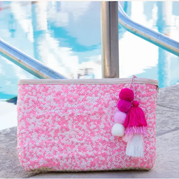 Straw Clutch with Pink Sequins – Handcrafted Moroccan Evening Bag with Removable Wristlet
