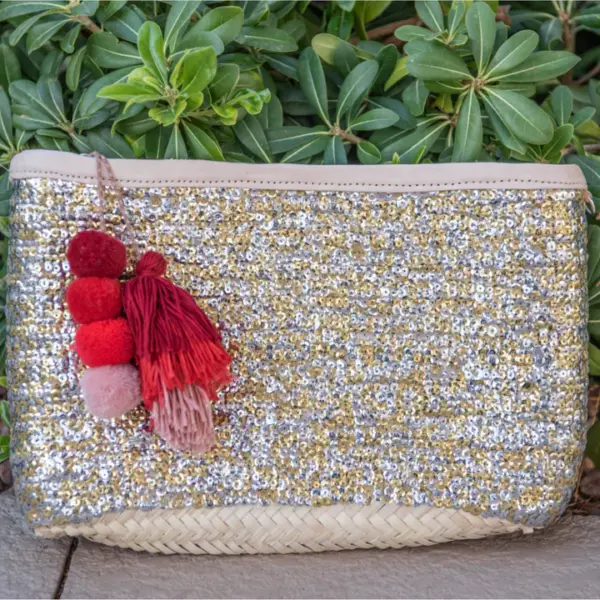 Straw Clutch with Gold and Silver Sequins – Handcrafted Moroco