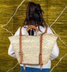 Green Doum Straw Backpack Basket – Handmade with Genuine Leather