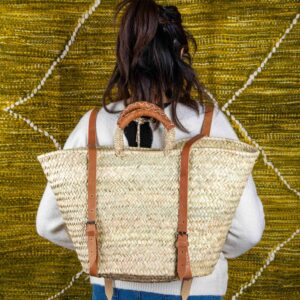 Green Doum Straw Backpack Basket – Handmade with Genuine Leather