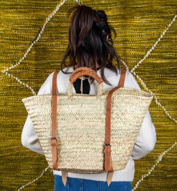 Green Doum Straw Backpack Basket – Handmade with Genuine Leather