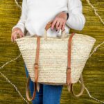 Green Doum Straw Backpack Basket – Handmade with Genuine Leather