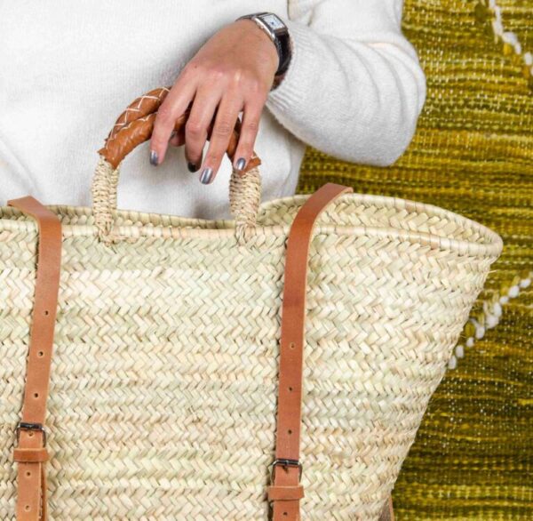 Green Doum Straw Backpack Basket – Handmade with Genuine Leather