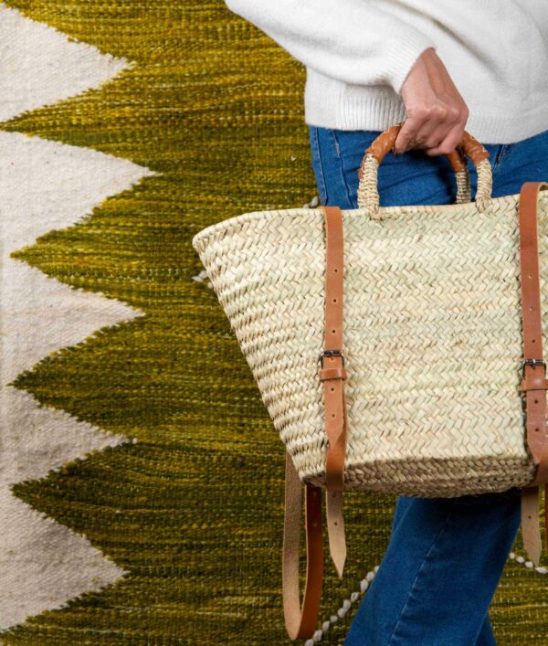 Green Doum Straw Backpack Basket – Handmade with Genuine Leather
