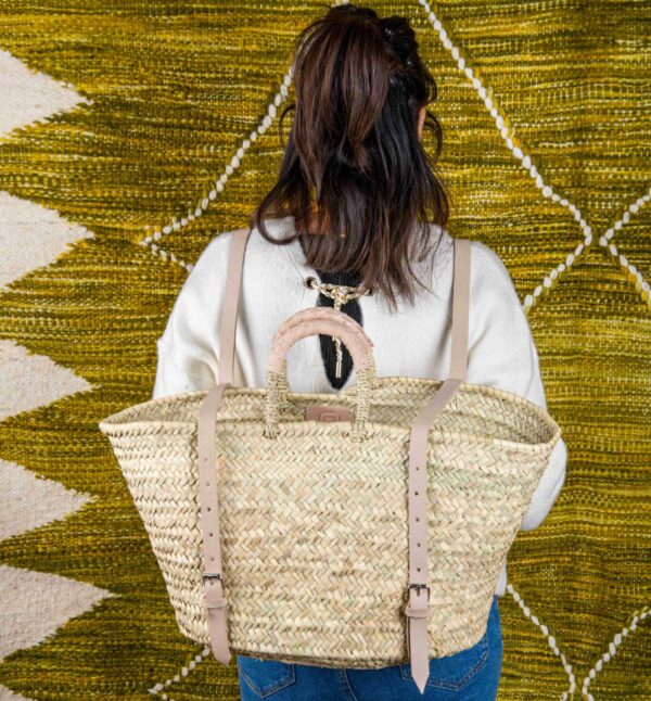 Green Doum Straw Backpack Basket – Handmade with Genuine Leather