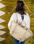 Green Doum Straw Backpack Basket – Handmade with Genuine Leather