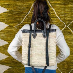 Moroccan Green Doum Backpack with Leather Trim – Handcrafted