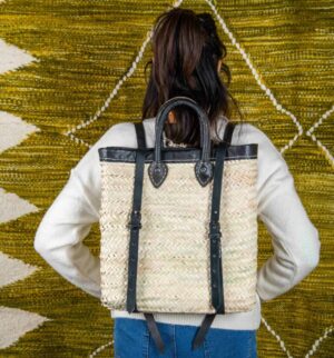 Moroccan Green Doum Backpack with Leather Trim – Handcrafted
