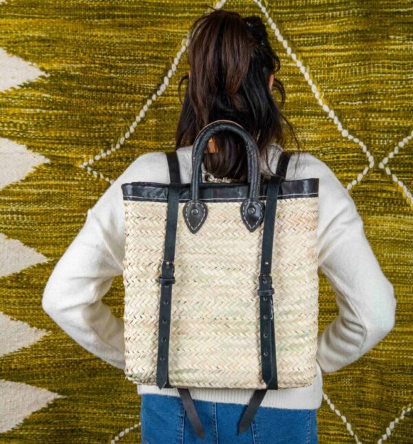 Moroccan Green Doum Backpack with Leather Trim – Handcrafted
