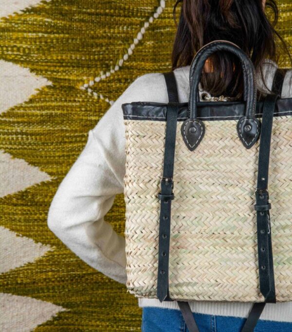 Moroccan Green Doum Backpack with Leather Trim – Handcrafted