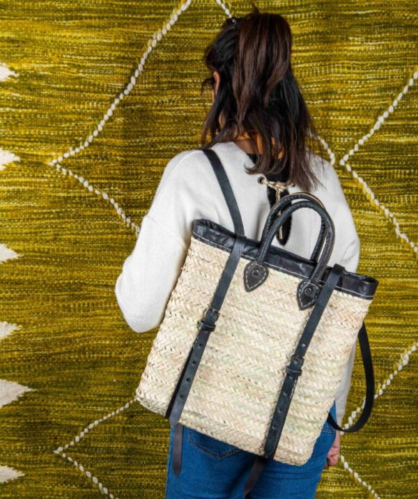 Moroccan Green Doum Backpack with Leather Trim – Handcrafted