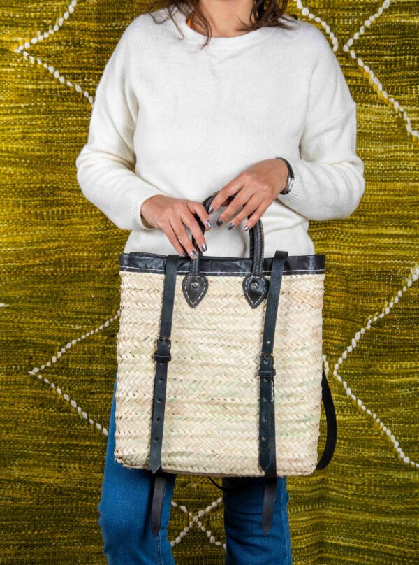 Moroccan Green Doum Backpack with Leather Trim – Handcrafted