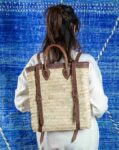 Moroccan Green Doum Backpack with Leather Trim – Handcrafted