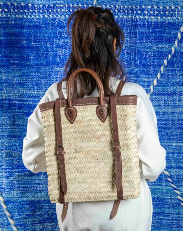 Moroccan Green Doum Backpack with Leather Trim – Handcrafted