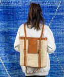 Handmade Moroccan Green Doum Backpack with Leather Trim