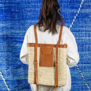 Handmade Moroccan Green Doum Backpack with Leather Trim