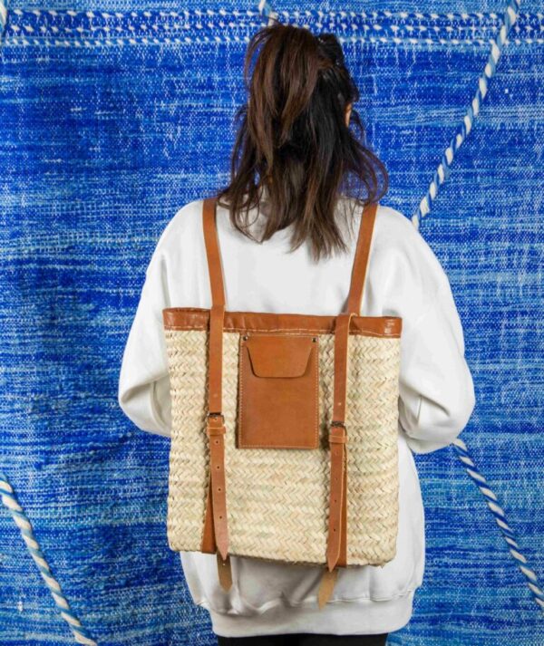 Handmade Moroccan Green Doum Backpack with Leather Trim