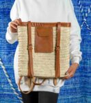 Handmade Moroccan Green Doum Backpack with Leather Trim