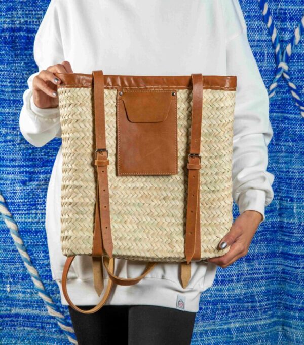 Handmade Moroccan Green Doum Backpack with Leather Trim
