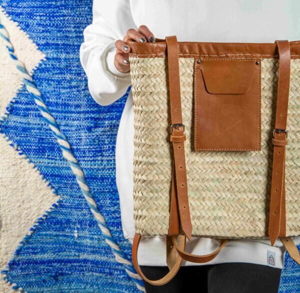 Handmade Moroccan Green Doum Backpack with Leather Trim