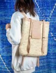 Handmade Moroccan Green Doum Backpack with Leather Trim