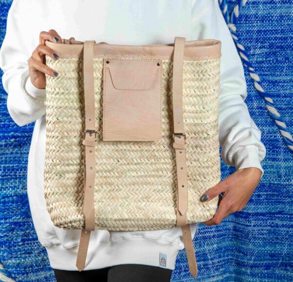 Handmade Moroccan Green Doum Backpack with Leather Trim