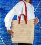 Straw Bag with Double Red Leather Handle – Handmade Palm