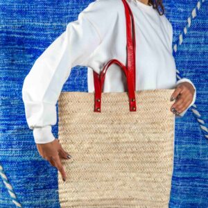 Straw Bag with Double Red Leather Handle – Handmade Palm