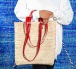 Straw Bag with Double Red Leather Handle – Handmade Palm