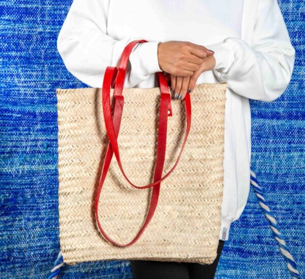 Straw Bag with Double Red Leather Handle – Handmade Palm
