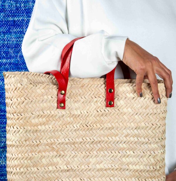 Straw Bag with Double Red Leather Handle – Handmade Palm