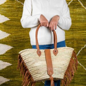 Straw Bag with Fringe and Leather Closure – Handmade Moroccan