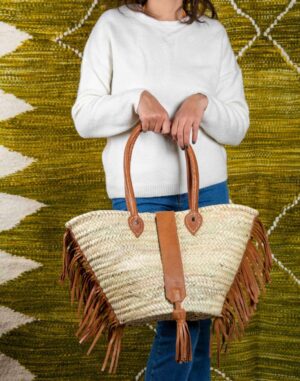 Straw Bag with Fringe and Leather Closure – Handmade Moroccan