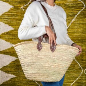 Straw Basket with Double Flat Leather Handle – Handmade