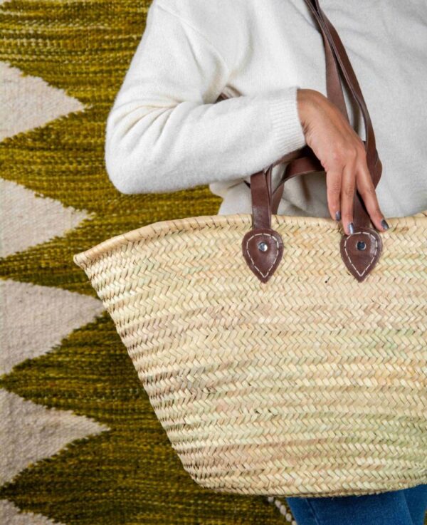 Straw Basket with Double Flat Leather Handle – Handmade