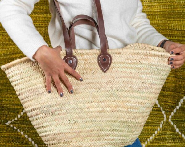 Straw Basket with Double Flat Leather Handle – Handmade