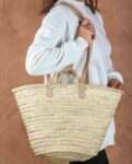 Moroccan Handmade Palm Leaf Basket with Sisal and Leather Handles