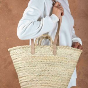 Moroccan Handmade Palm Leaf Basket with Sisal and Leather Handles