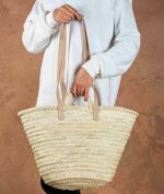 Moroccan Handmade Palm Leaf Basket with Sisal and Leather Handles
