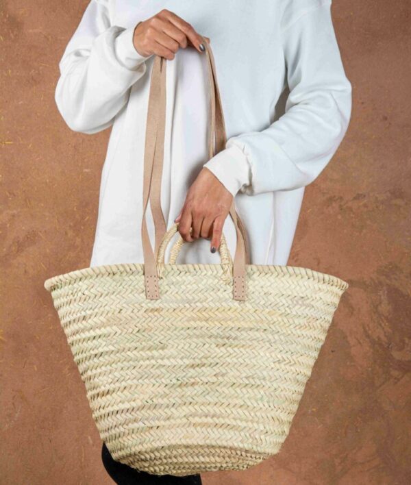 Moroccan Handmade Palm Leaf Basket with Sisal and Leather Handles