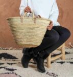 Moroccan Handmade Palm Leaf Basket with Sisal and Leather Handles