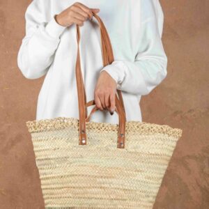 Handmade Moroccan Wicker Basket – Double Leather Handle Mark