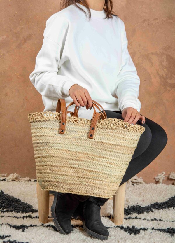 Handmade Moroccan Wicker Basket – Double Leather Handle Mark