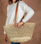 Handmade Moroccan Open Straw Basket with Double Leather Handles
