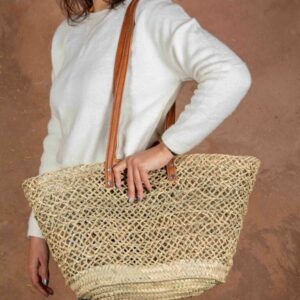 Handmade Moroccan Open Straw Basket with Double Leather Handles