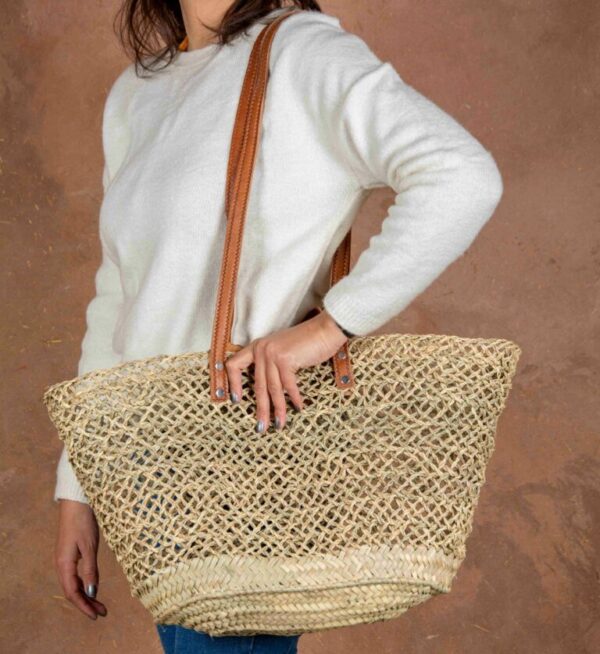 Handmade Moroccan Open Straw Basket with Double Leather Handles