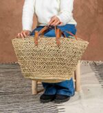 Handmade Moroccan Open Straw Basket with Double Leather Handles