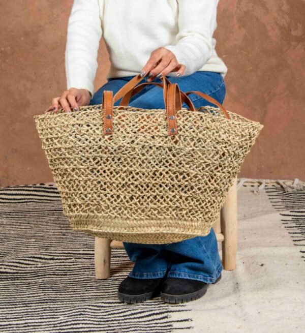 Handmade Moroccan Open Straw Basket with Double Leather Handles